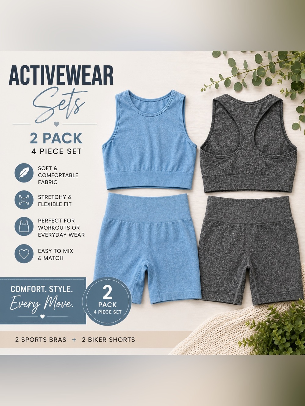 Seamless Ribbed Cropped Tank & High-Waist Bike Short Set - Gray and Light Blue